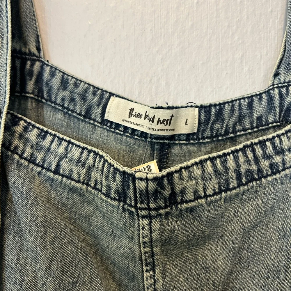 Three Bird Nest Distressed Blue Denim Overalls - Picture 4 of 9
